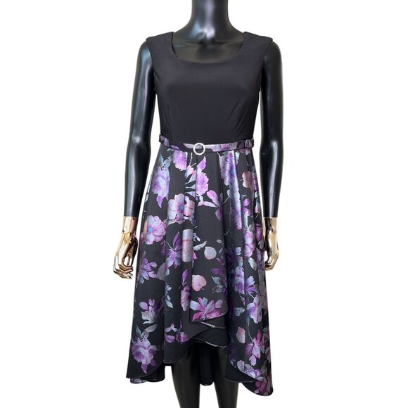 R&M Richards Petite 4 Black Purple Floral Fit & Flare Belted Holiday Party Dress - Picture 4 of 12